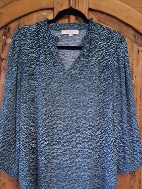 LOFT Navy And Green Dot Print Blouse